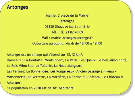 Artonges Mairie, 3 place de la Mairie Artonges 02330 Dhuys et Morin en Brie Tél. : 03 23 82 48 09 Mail : mairie-artonges@orange.fr Ouverture au public: Mardi de 18h00 à 19h00  Artonges est un village qui s'étend sur 13,12 km². Hameaux : La Houlotte, Montflobert, Le Patis, Les Queux, Le Bois Milon nord, Le Bois Milon Sud, La Tuilerie, La Noue Mangeard Les Fermes: La Bonne Idée, Les Rougereaux, Ancien passage à niveau - Maisonnette, La Verrerie, La Mortière, La Ferme du Château, Le Château d' Artonges. Sa population en 2018 est de 181 habitants.