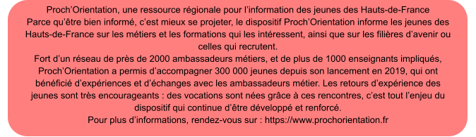 Proch’Orientation, une ressource régionale pour l’information des jeunes des Hauts-de-France Parce qu’être bien informé, c’est mieux se projeter, le dispositif Proch’Orientation informe les jeunes des  Hauts-de-France sur les métiers et les formations qui les intéressent, ainsi que sur les filières d’avenir ou  celles qui recrutent.  Fort d’un réseau de près de 2000 ambassadeurs métiers, et de plus de 1000 enseignants impliqués,  Proch’Orientation a permis d’accompagner 300 000 jeunes depuis son lancement en 2019, qui ont  bénéficié d’expériences et d’échanges avec les ambassadeurs métier. Les retours d’expérience des  jeunes sont très encourageants : des vocations sont nées grâce à ces rencontres, c’est tout l’enjeu du  dispositif qui continue d’être développé et renforcé.  Pour plus d’informations, rendez-vous sur : https://www.prochorientation.fr