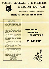 Musique-Info 50 de la société musicale et de concerts de Nogent l'Artaud, A.G. mercredi 19 juin 2019 à 18h30, salle de la Musique