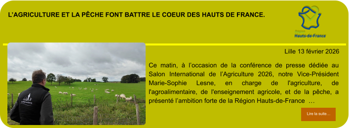 l’agriculture et la pêche font battre le coeur des hauts de france.            . Lille 13 février 2026 Lire la suite… Lire la suite… Ce matin, à l’occasion de la conférence de presse dédiée au Salon International de l’Agriculture 2026, notre Vice-Président Marie-Sophie Lesne, en charge de l'agriculture, de l'agroalimentaire, de l'enseignement agricole, et de la pêche, a présenté l’ambition forte de la Région Hauts-de-France  …