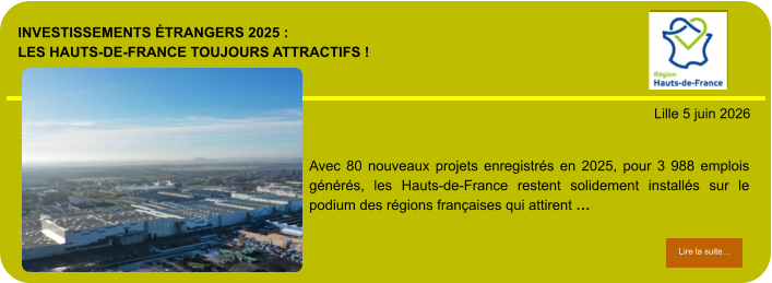 Investissements étrangers 2025 : les Hauts-de-France toujours attractifs !            . Lille 5 juin 2026 Lire la suite… Lire la suite… Avec 80 nouveaux projets enregistrés en 2025, pour 3 988 emplois générés, les Hauts-de-France restent solidement installés sur le podium des régions françaises qui attirent …